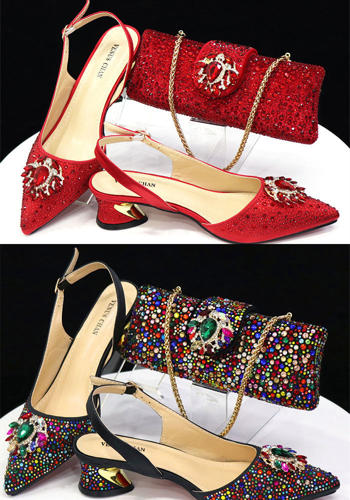 Ladies' Shoe And Bag Set Combination Low-Heeled Pointed-Toe Heeled Sandals With Square Diamond Bags