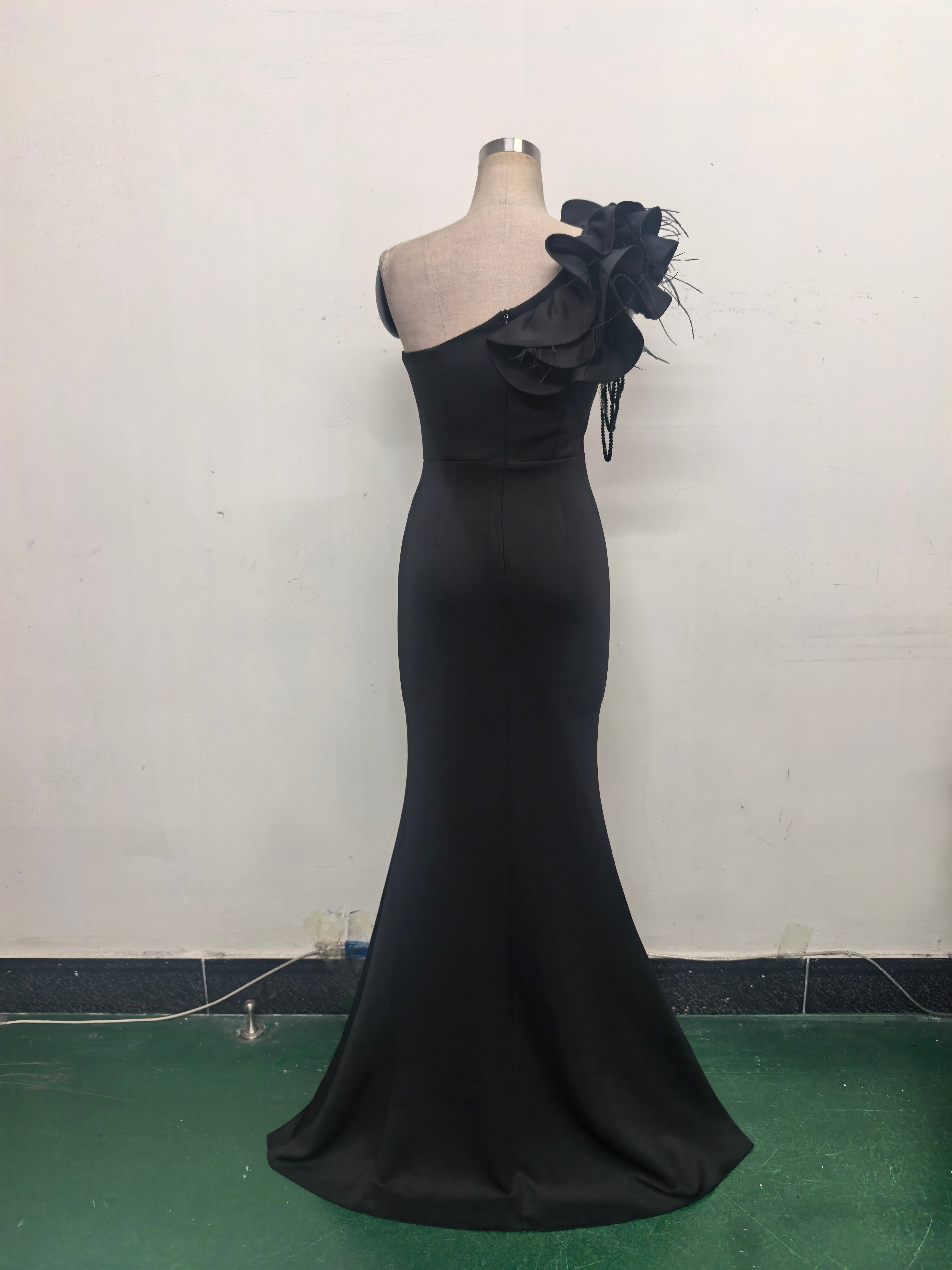 Women One-Shoulder Beaded Wool and Floral Satin Slit Sexy Evening Dress 39