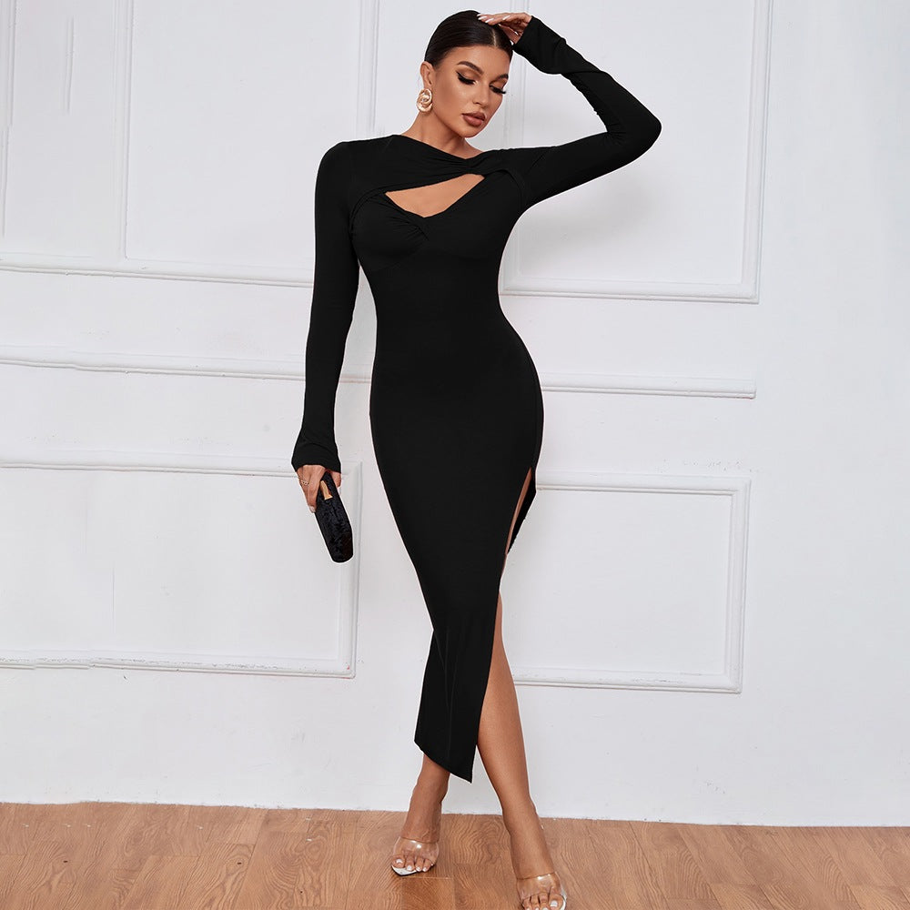 Women Hollow Knot Long Sleeve Sexy Slit Dress 6