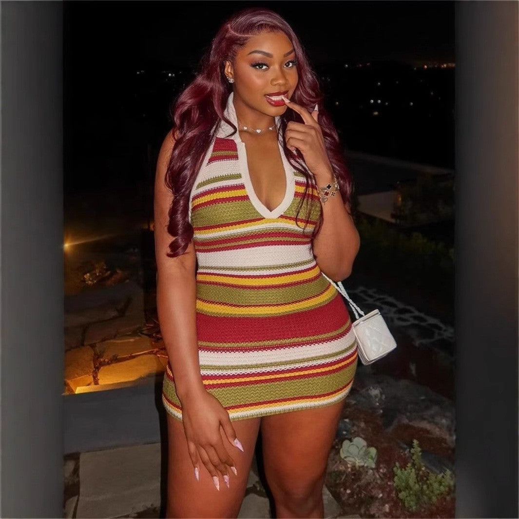 Autumn Sleeveless Slim Sexy Low-Back Halter Neck Knit Mini Dress 3