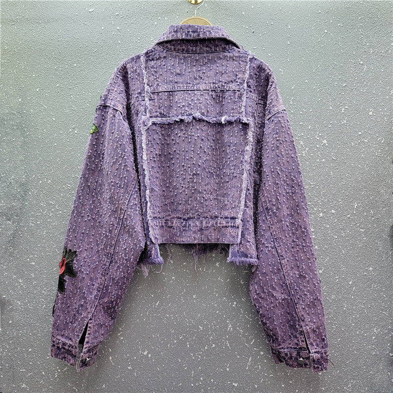Women Spring Floral Raw Edge Casual Denim Jacket 5