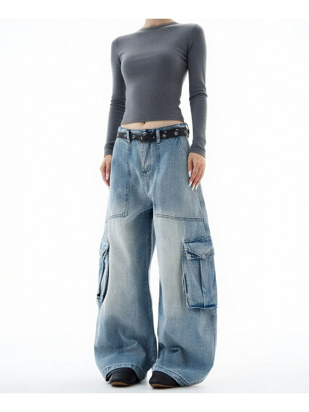 Plus-Size Women American Blue Cargo Denim Wide-Leg Pants