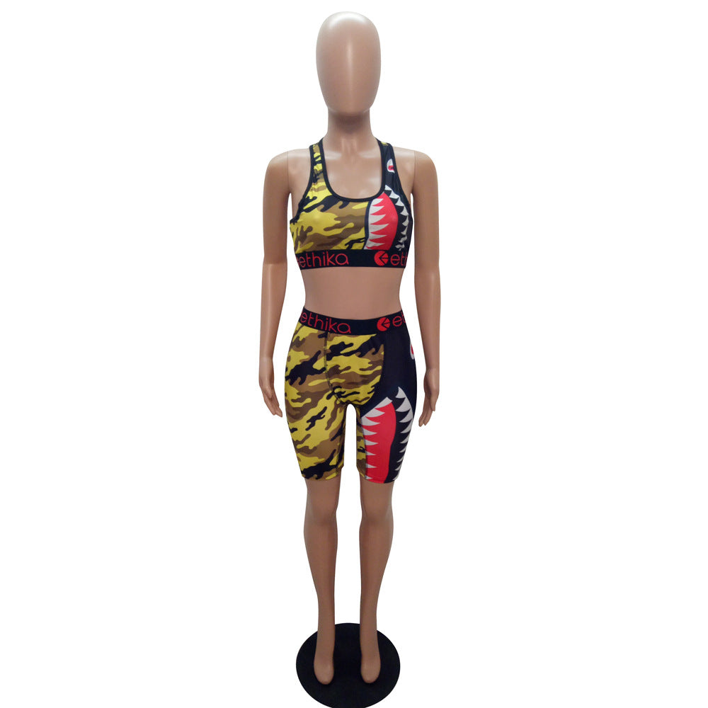 Cartoon Print Casual Camouflage Tank Biker Shorts Two-Piece Set 15