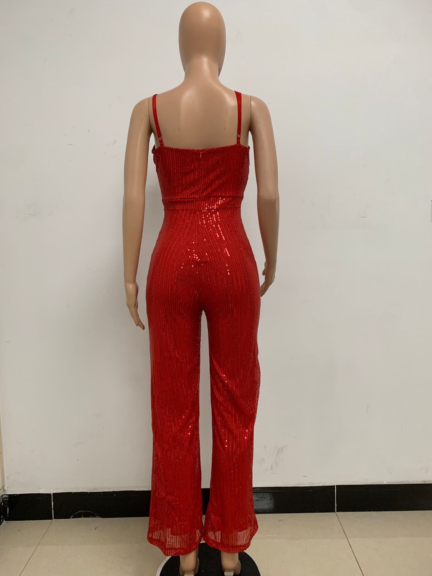 Deep V Neck Low Back Sleeveless Chic Sequined Straps Elegant Women's Party Jumpsuit 78