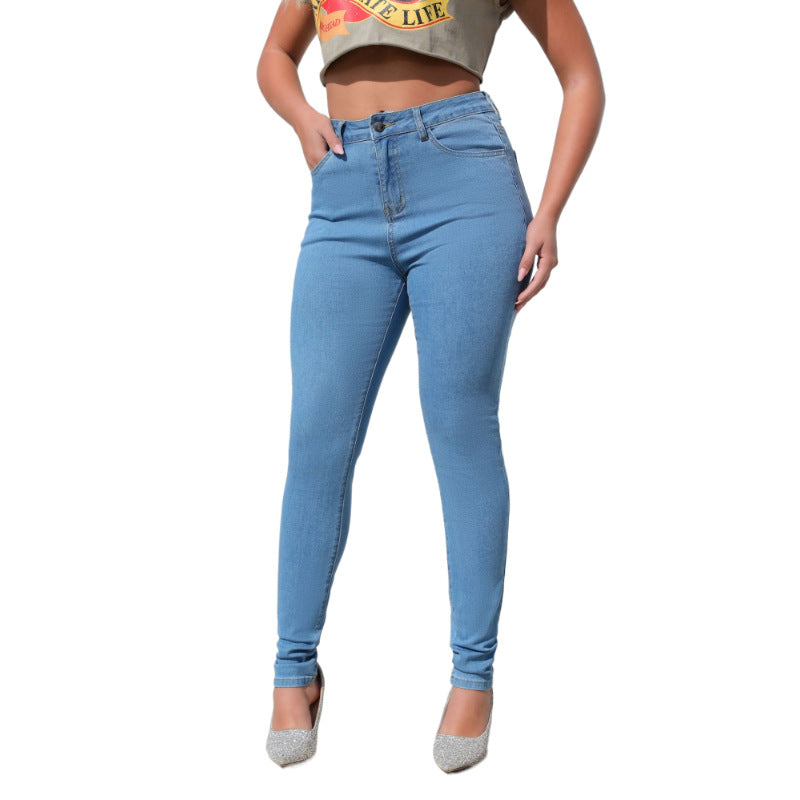 Women's Stretch Tight Fitting High Waist Washed Denim Pants 10
