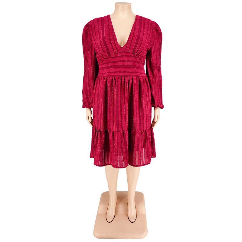 Plus Size Women'S Solid Jacquard V-Neck Long Sleeve Casual Dress 17