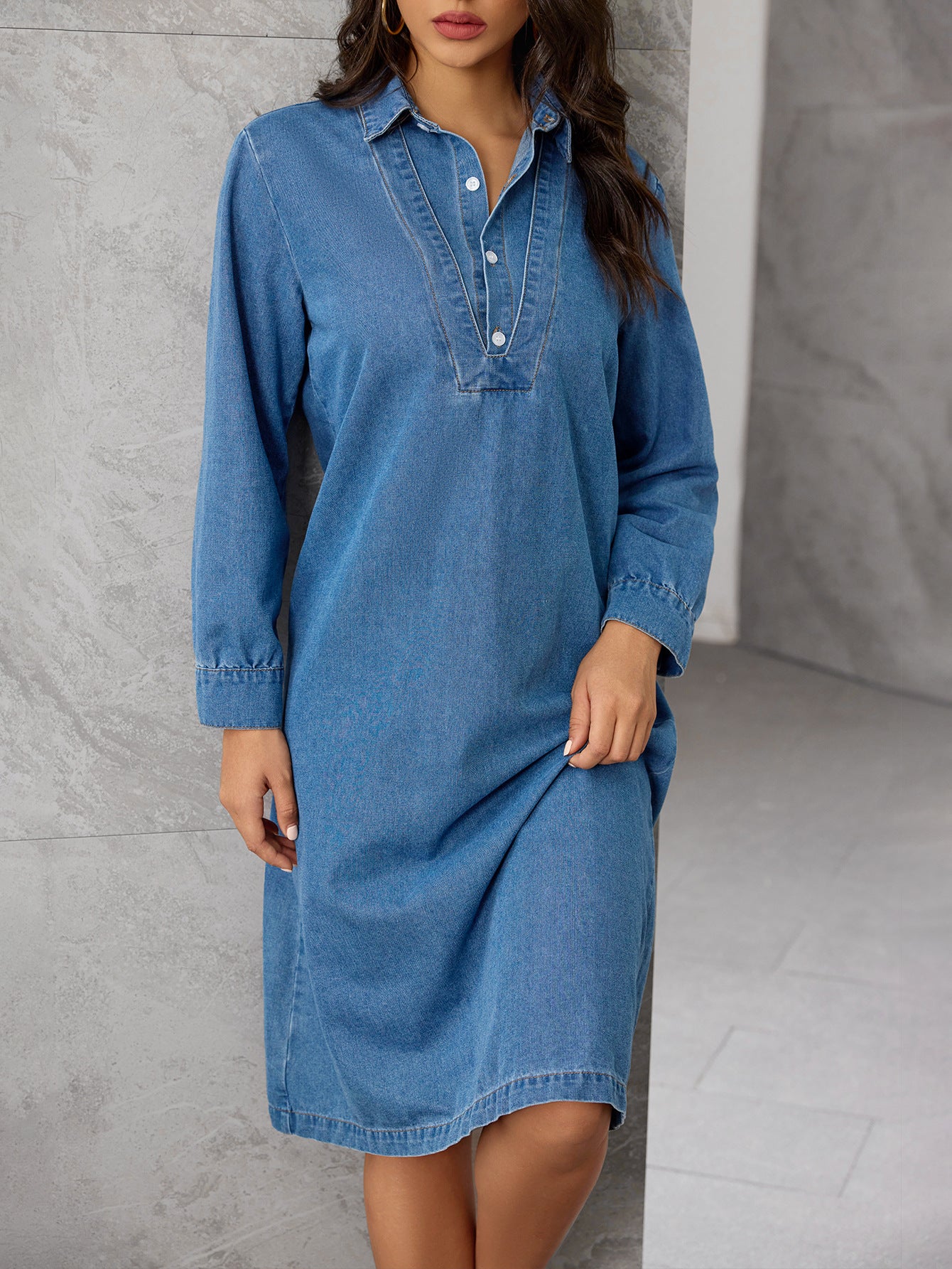 Chic Turndown Collar Long Sleeve Autumn Winter Loose Shirt Denim Dress 5