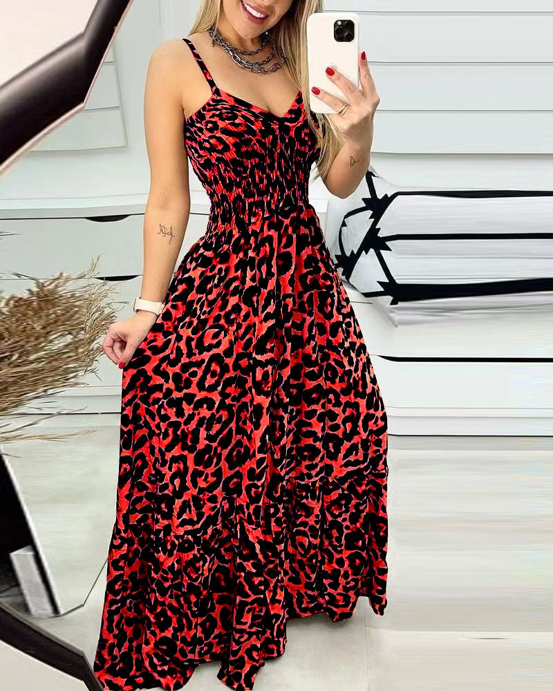 Summer Leopard Print V Neck Dress High Waist Sexy Chic Fashion Long Dress 7