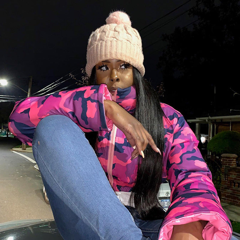 Winter Turndown Collar Camo Print Zip Reversible Women's Cotton Top 5