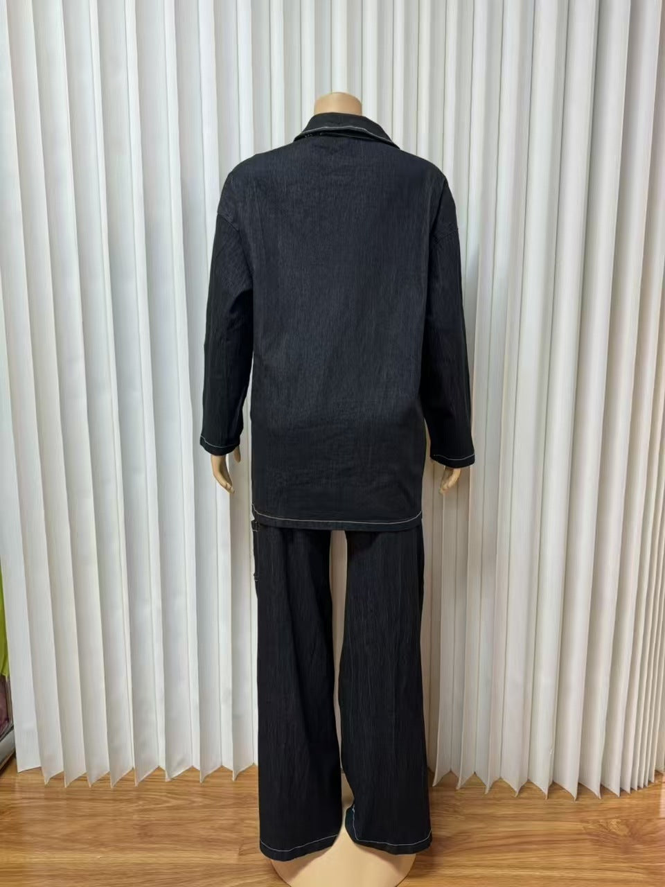 Women Autumn Denim Long-Sleeved Embroidered Turndown Collar Top and Two-Piece Pants Set 6