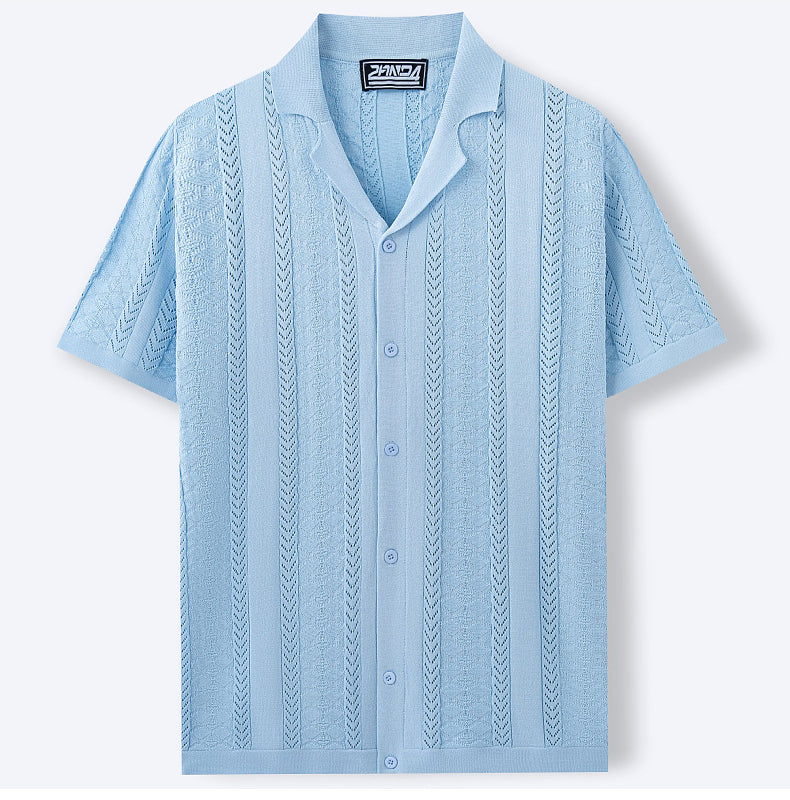 Men's Summer Short Sleeve Striped Hollow Casual Polo Top 8