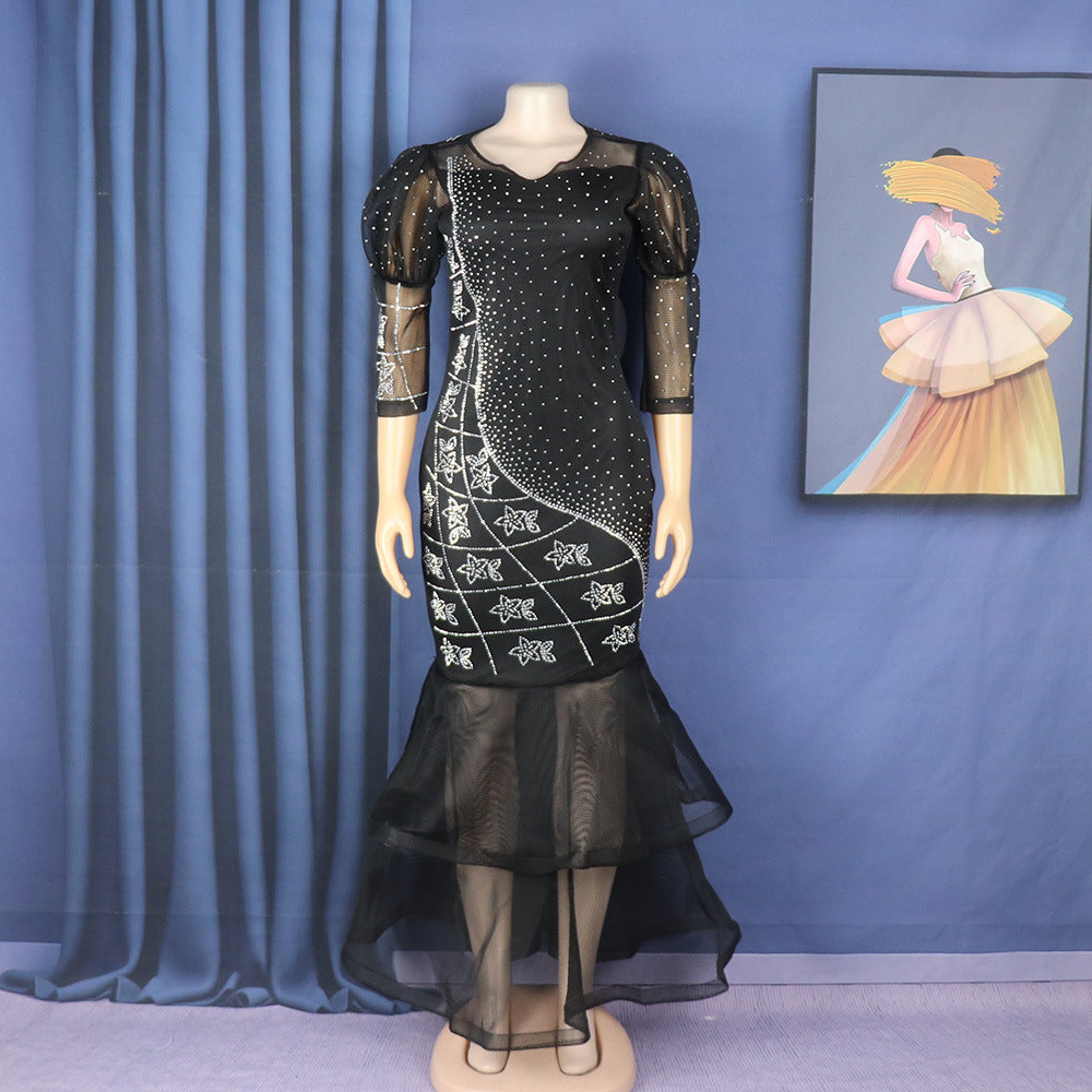 Women African mesh beaded fishtail dress with belt 8