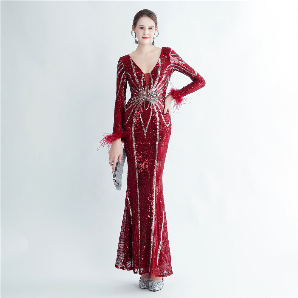 Women sequined ostrich fur long-sleeved evening dress 11