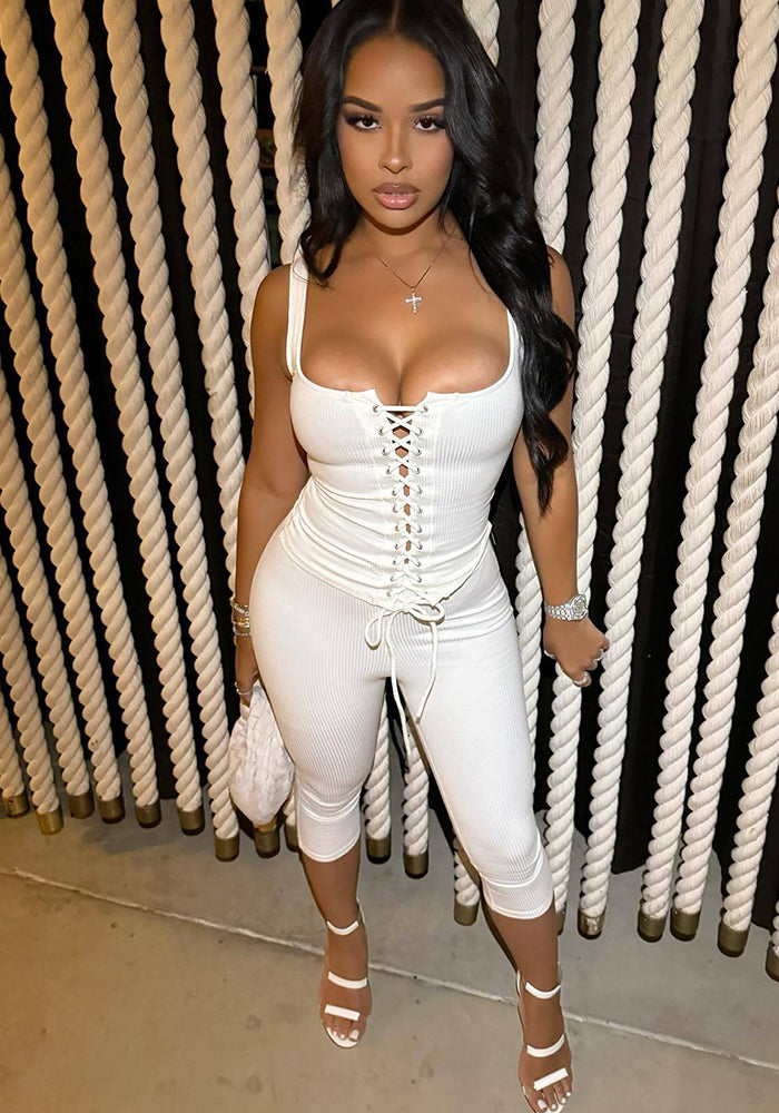 Women Lace-Up Tank Top and Solid Pants Two-Piece Set