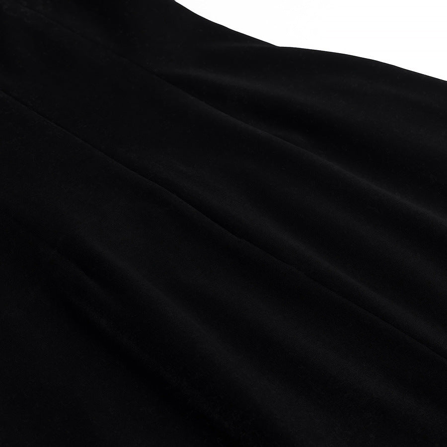 Women's Fashionable Round Neck Padded Shoulder High Slit Open Waist Black Long Dress 13