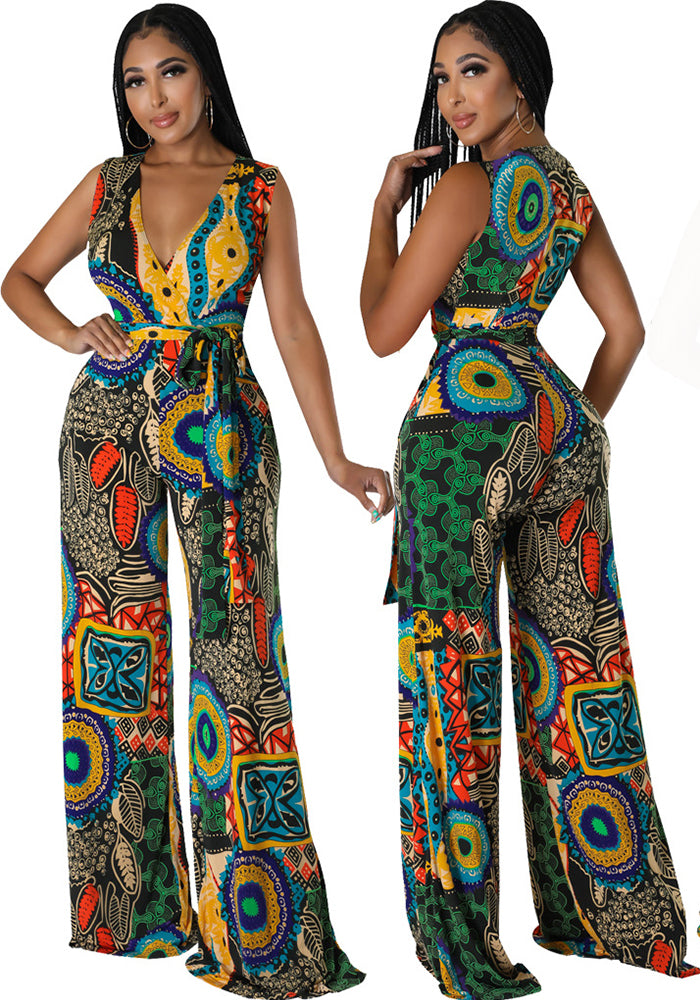 Sexy Fashion Printing V-Neck Wide Leg Women's Jumpsuit