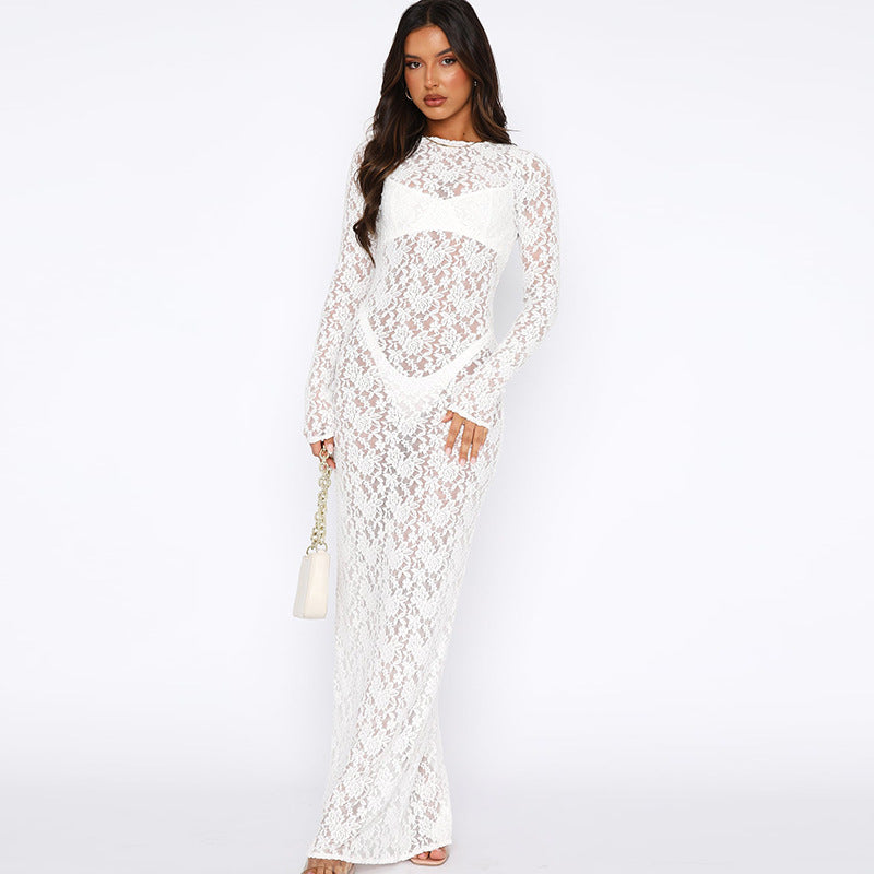 Women Solid lace See-Through Long Sleeve Maxi Dress 8