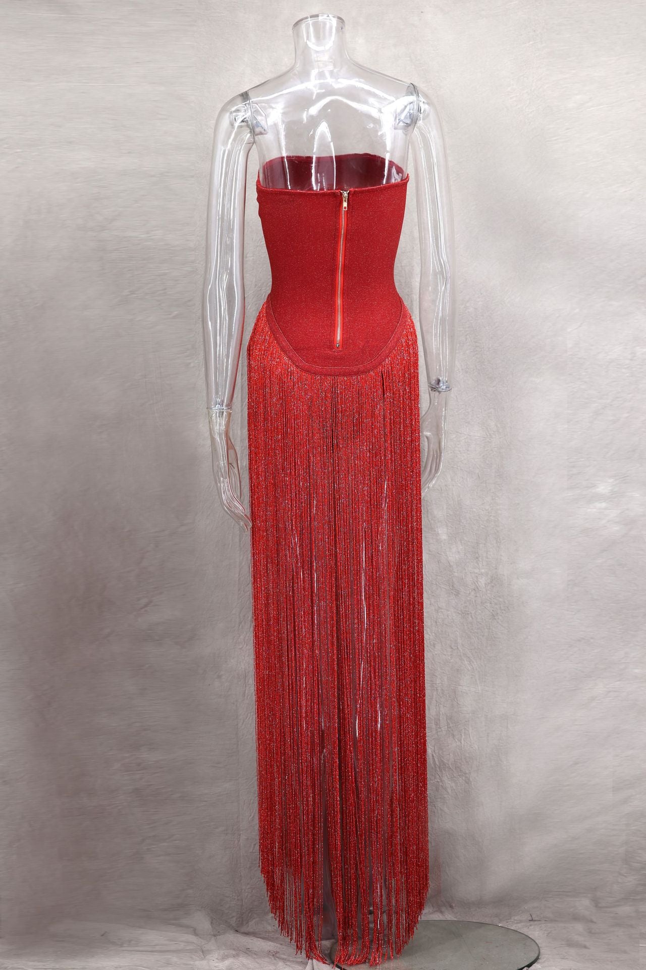 Spring Summer Style Tassel Trimmed Sexy Slimming Zipper Strapless Dress 16