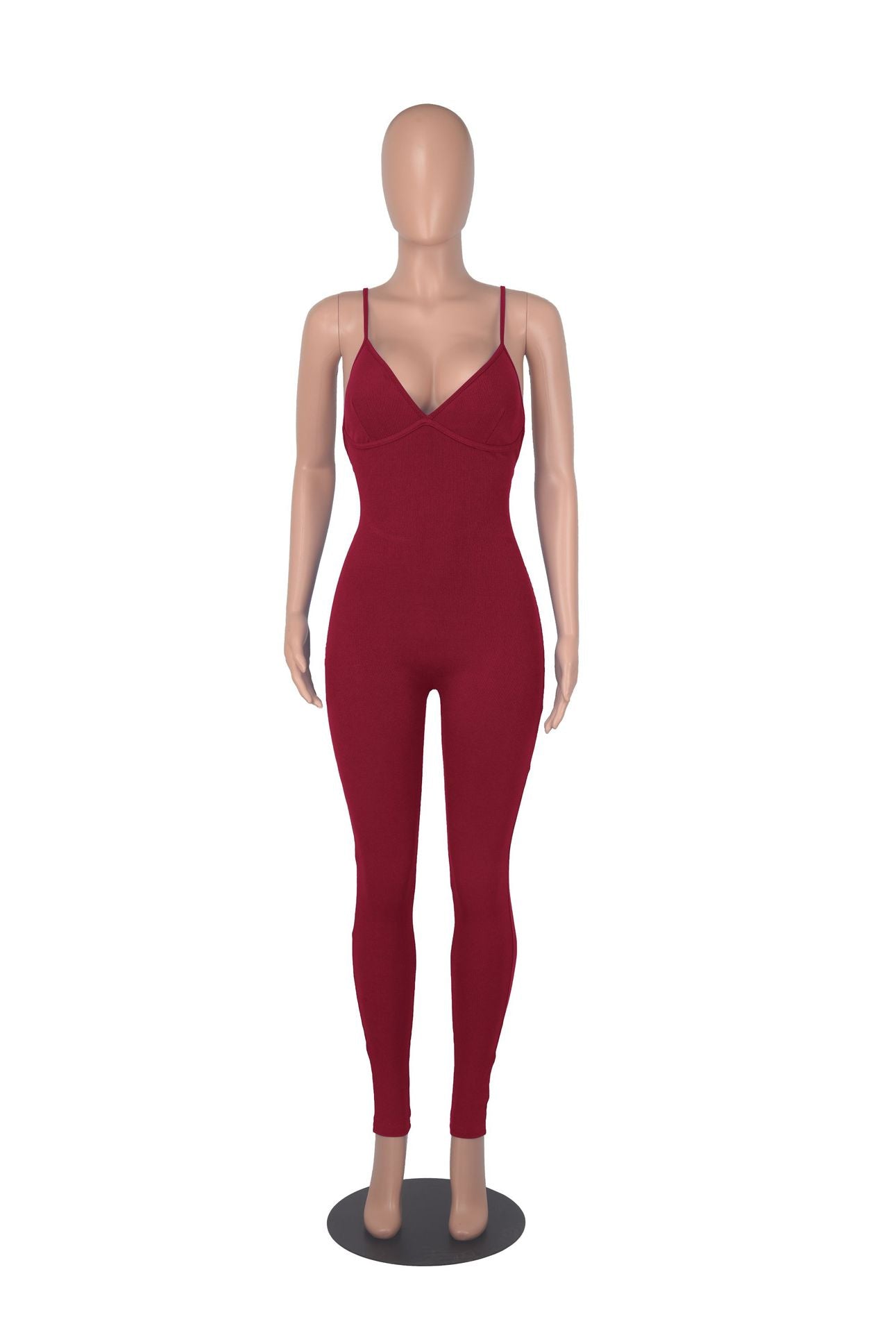 Women's Solid Color Rib Sling Deep V Tank with Chest Pad Casual Yoga Jumpsuit Ladies 26