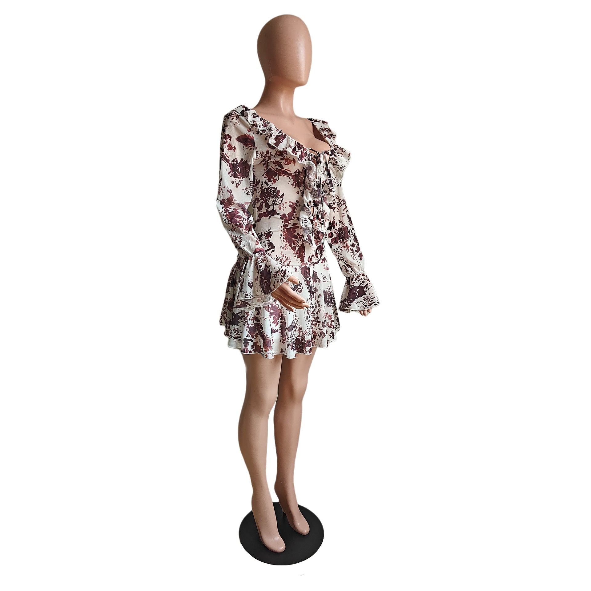 Women Summer Sexy Printed Ruffled Collar Lace-Up Mesh Dress 7