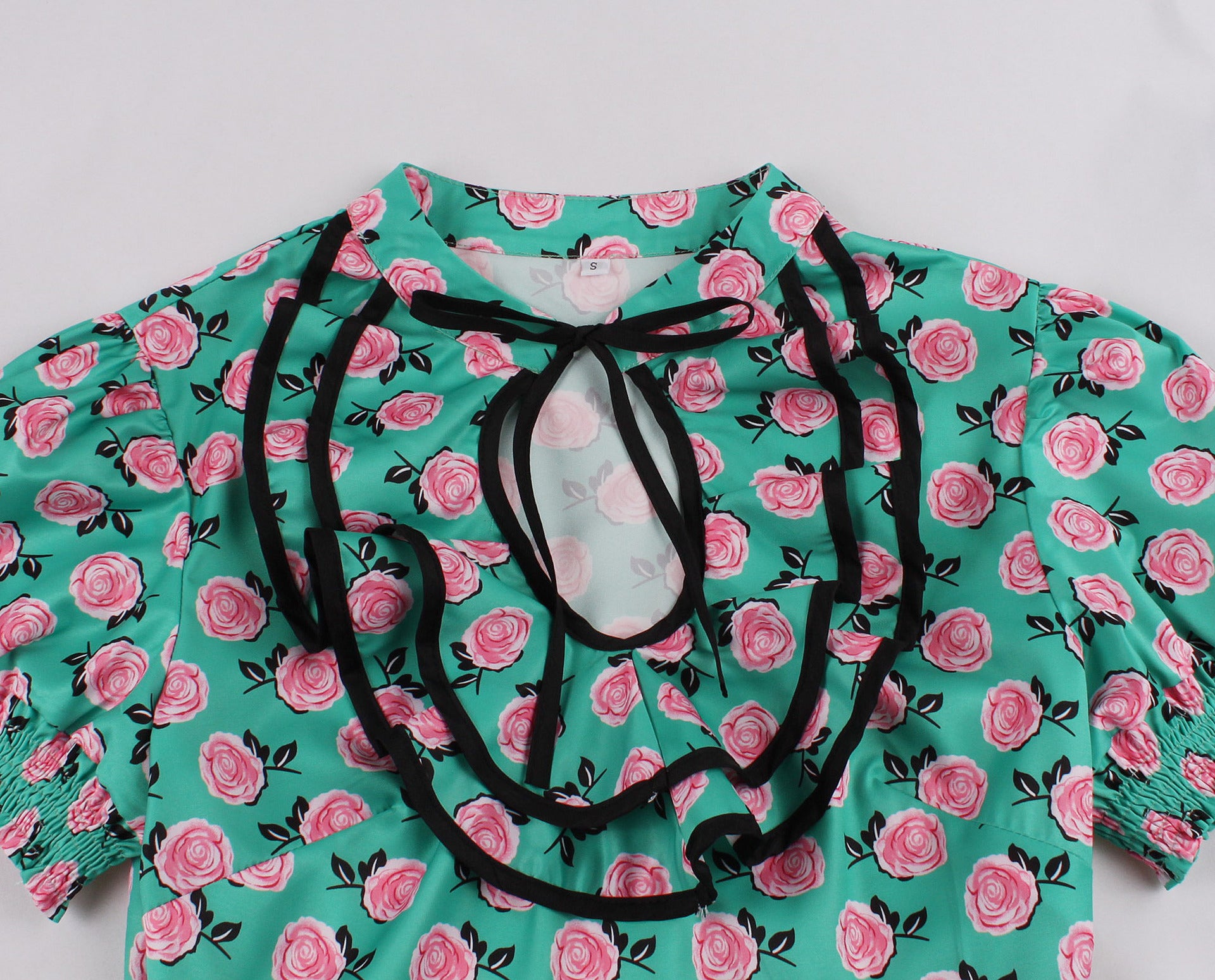 Lace Slim Waist Short Sleeve Rose Print High Waist Chic Retro Swing Dress For Women 11