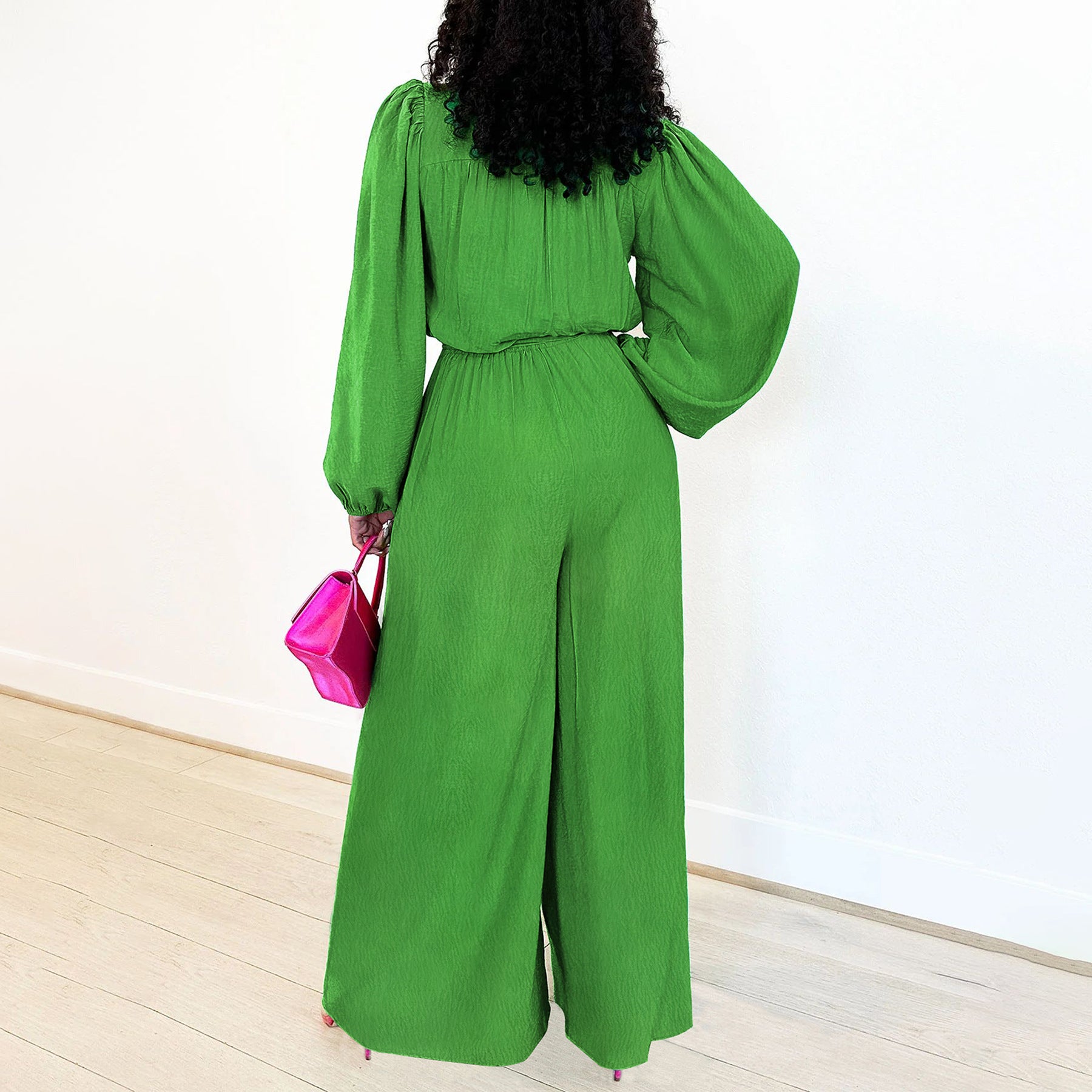 Fashion Women's Lantern Sleeve Solid Color Slim Waist Tie-Front Wide-Leg Jumpsuit 4