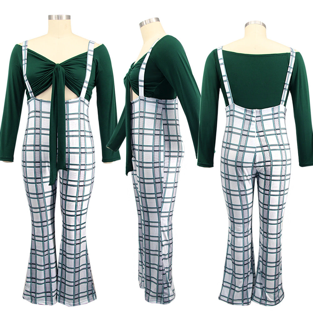 Plus Size Women Long Sleeve Top and Plaid Suspenders Set 11