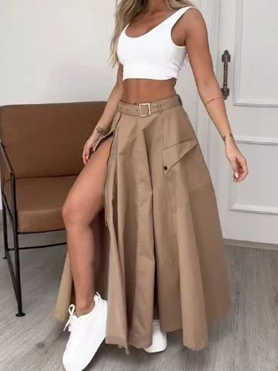 Summer Women's Sleeveless Solid Color Slit Two-Piece Skirt Set 6