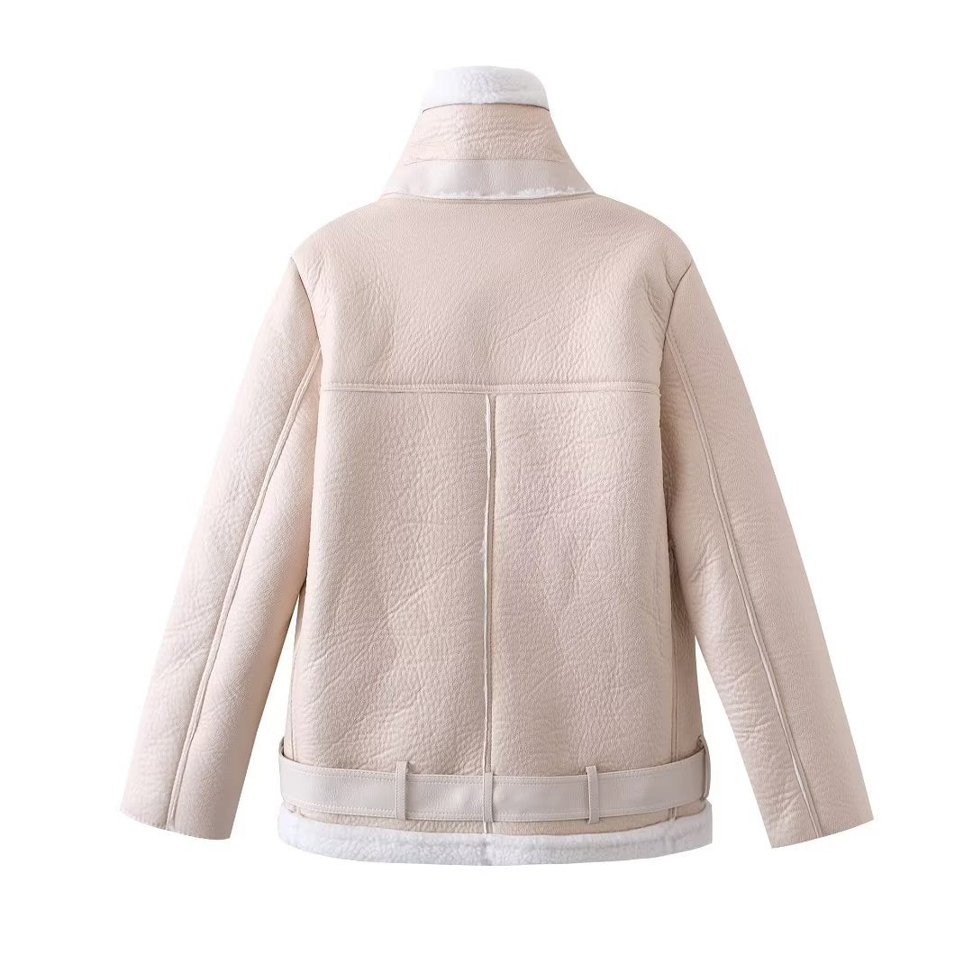 Women Lamb Wool PU-Leather Warm Jacket 12