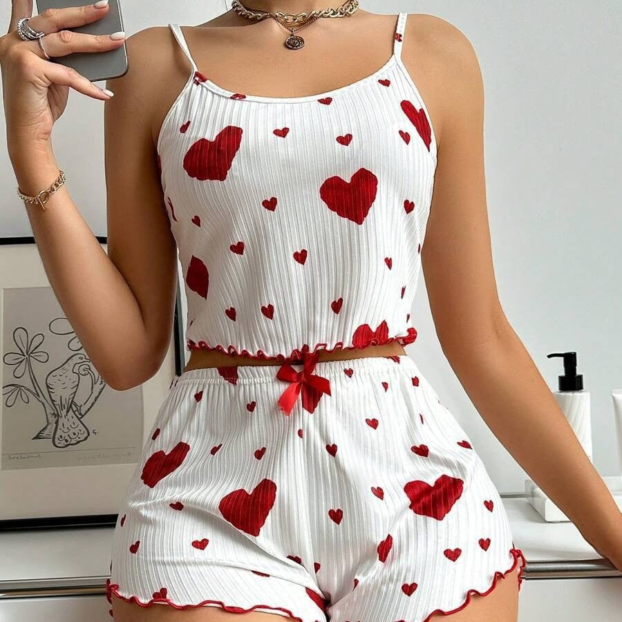 Women's Home Clothes Heart Print Strap Vest Shorts Casual Wear Women's Pajamas 3