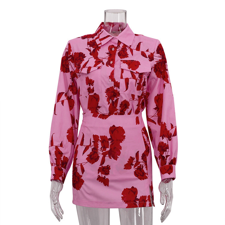 Fashion Print Turndown Collar Long Sleeve Shirt High Waist Split Short Skirt Two Piece Set 5