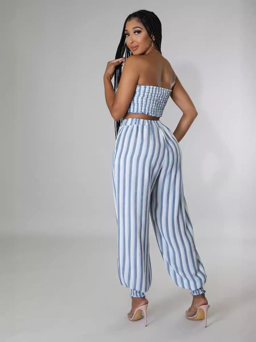 Women's Striped Print Sexy Fashionable Strapless Two-Piece Pants Set 6
