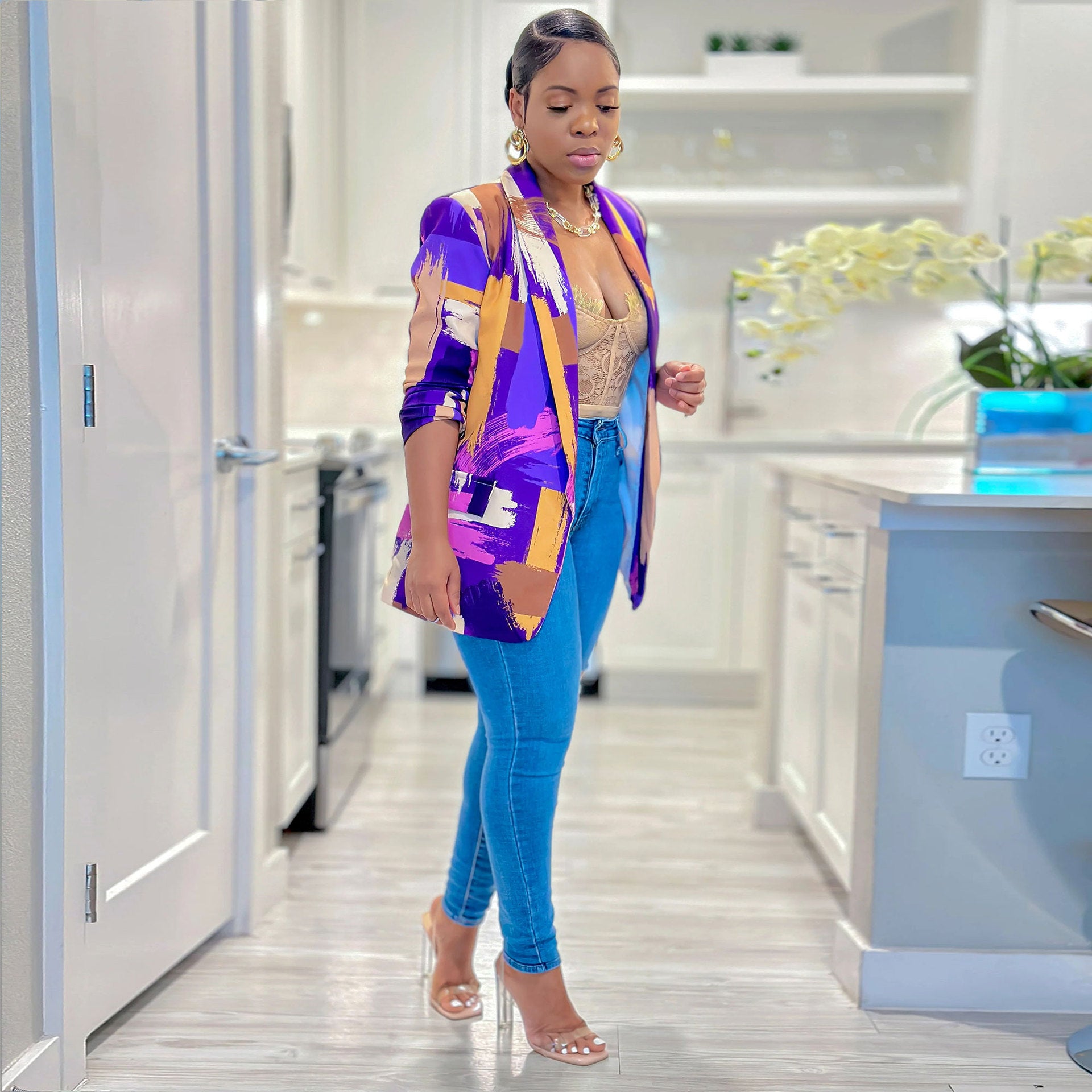 Women's Print Turndown Collar V-Neck Long-Sleeved Blazer 4