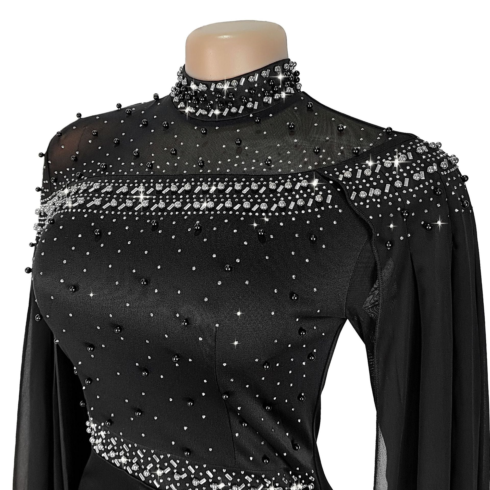 Women's Beaded Chiffon Mesh Cape Sleeve Evening Gown 10