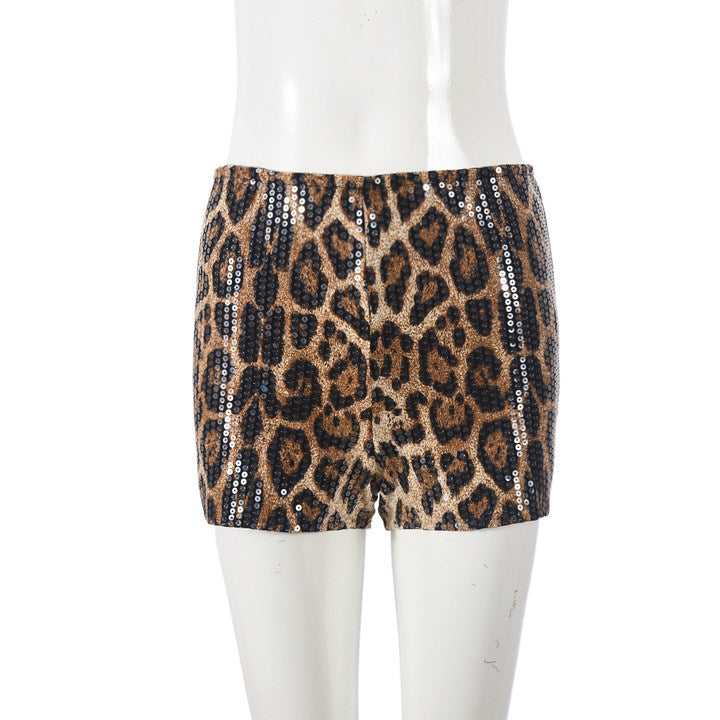 Sequin Women Leopard Elastic Waist Casual Shorts 10