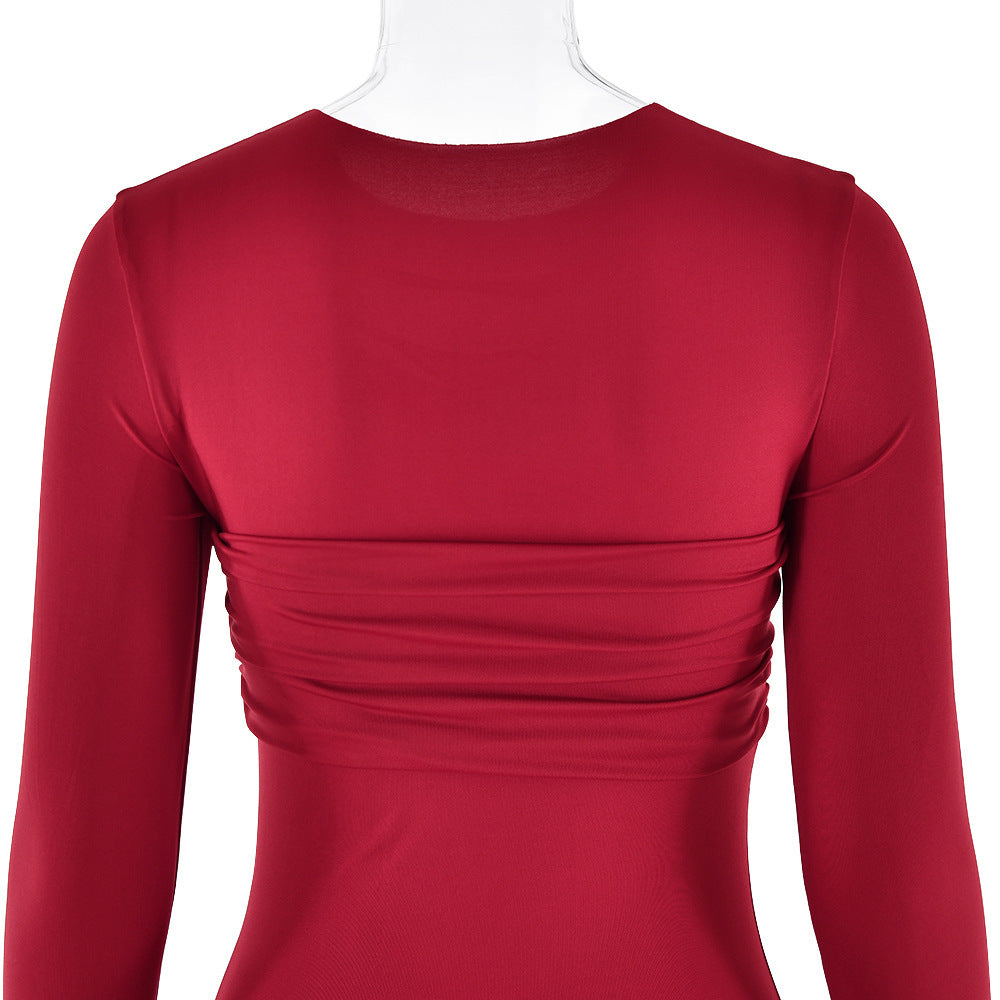 Women Solid Round Neck Long Sleeve Gathered Bodycon Dress 7