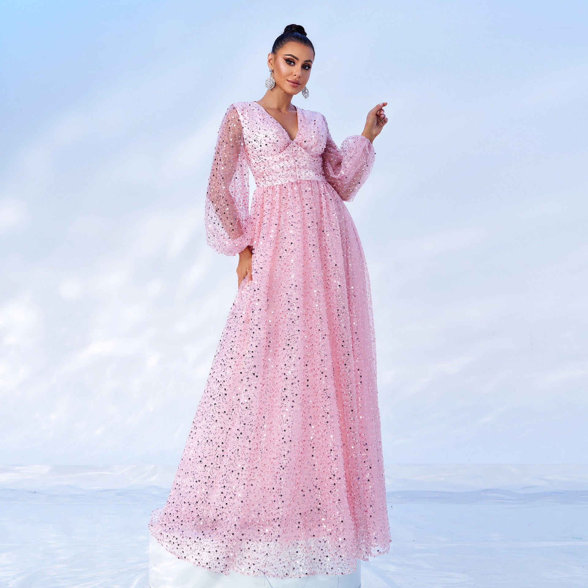 Long Sleeve V-Neck Long Sequin Formal Party Evening Dress Bridesmaid Dress