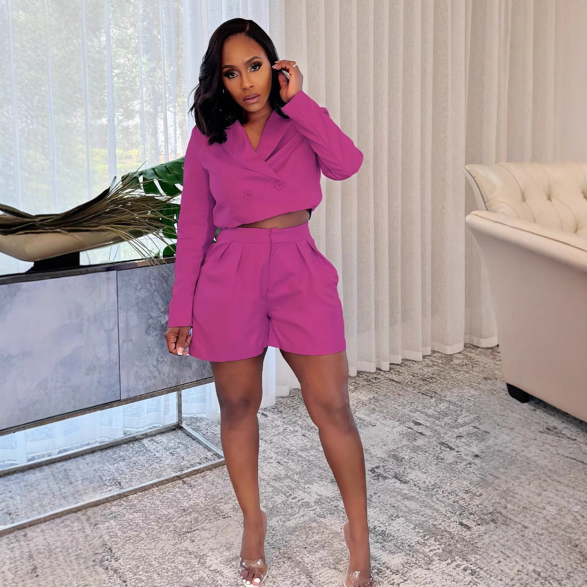 Women elegant Career Turndown Collar Long Sleeve Blazer and Shorts Two-piece Set 5