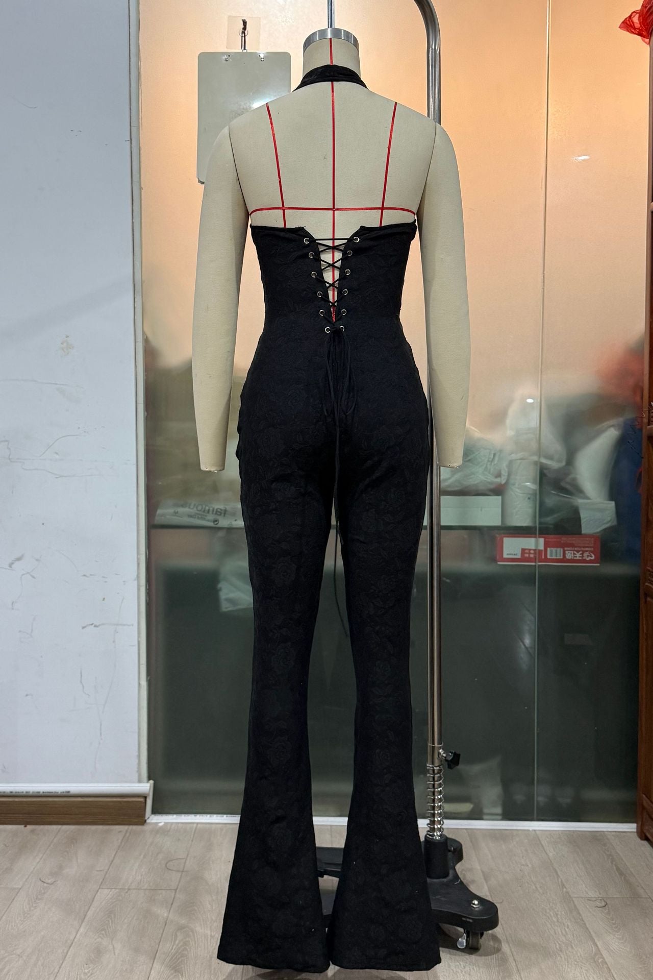 Sexy See-Through Lace Halter Lace-Up Slim-Fit Flare leg Jumpsuit 7