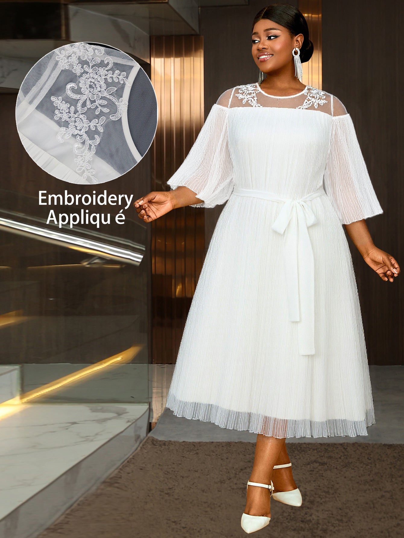 Plus-Size Women Elegant White Cutout Mesh Long-Sleeved Ruffled Belted Chiffon Dress 11