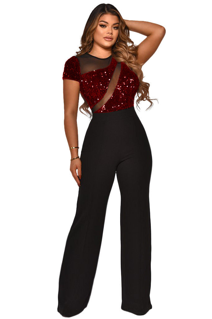 Women Irregular Sequin Patchwork Short Sleeve Jumpsuit 5
