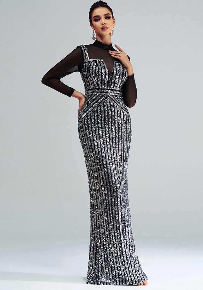 Women long sleeve Round Neck Bodycon Formal Party Sequined fishtail evening dress