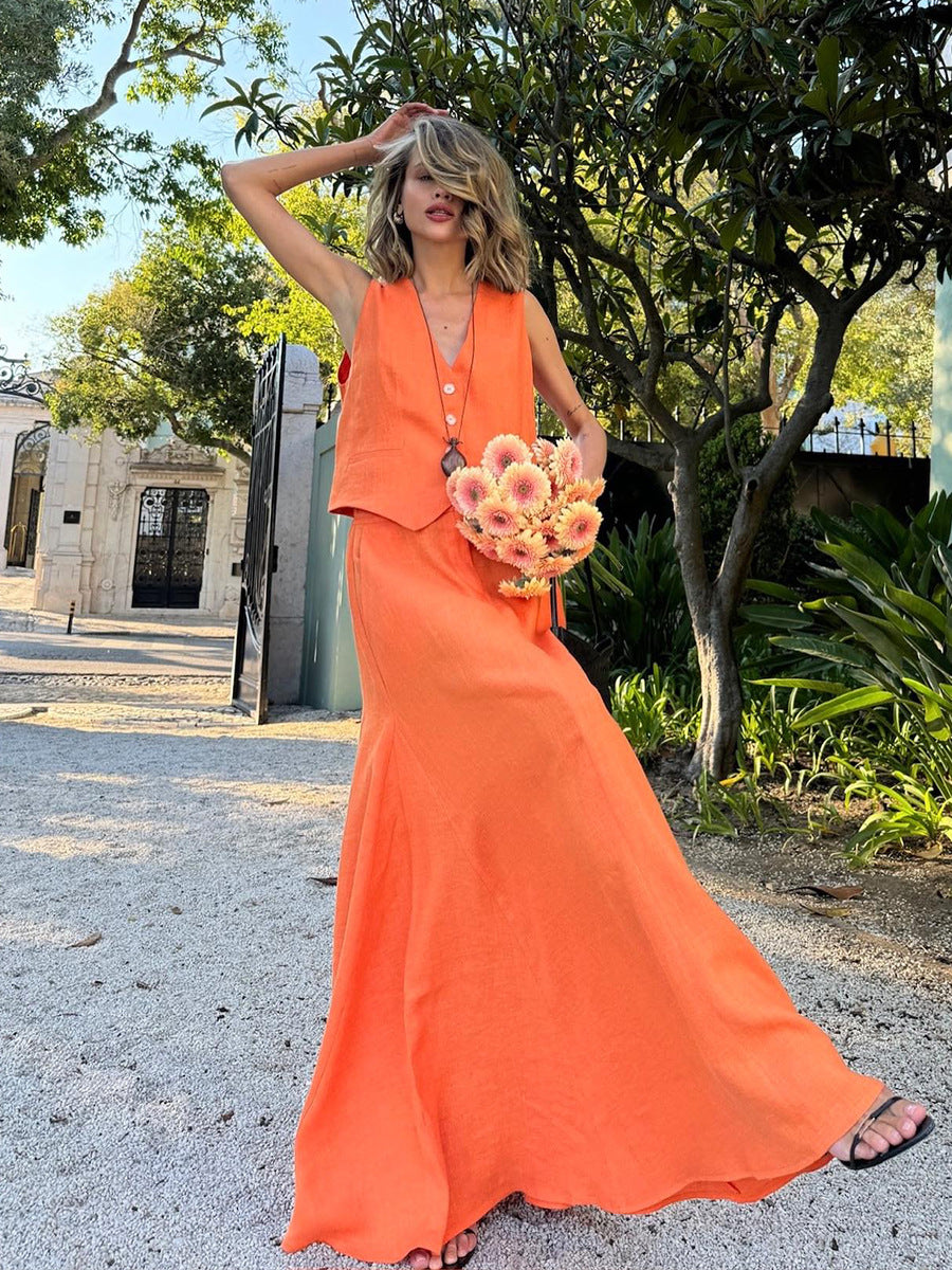 Women Orange Sleeveless Top and Skirt Casual Two Piece Set