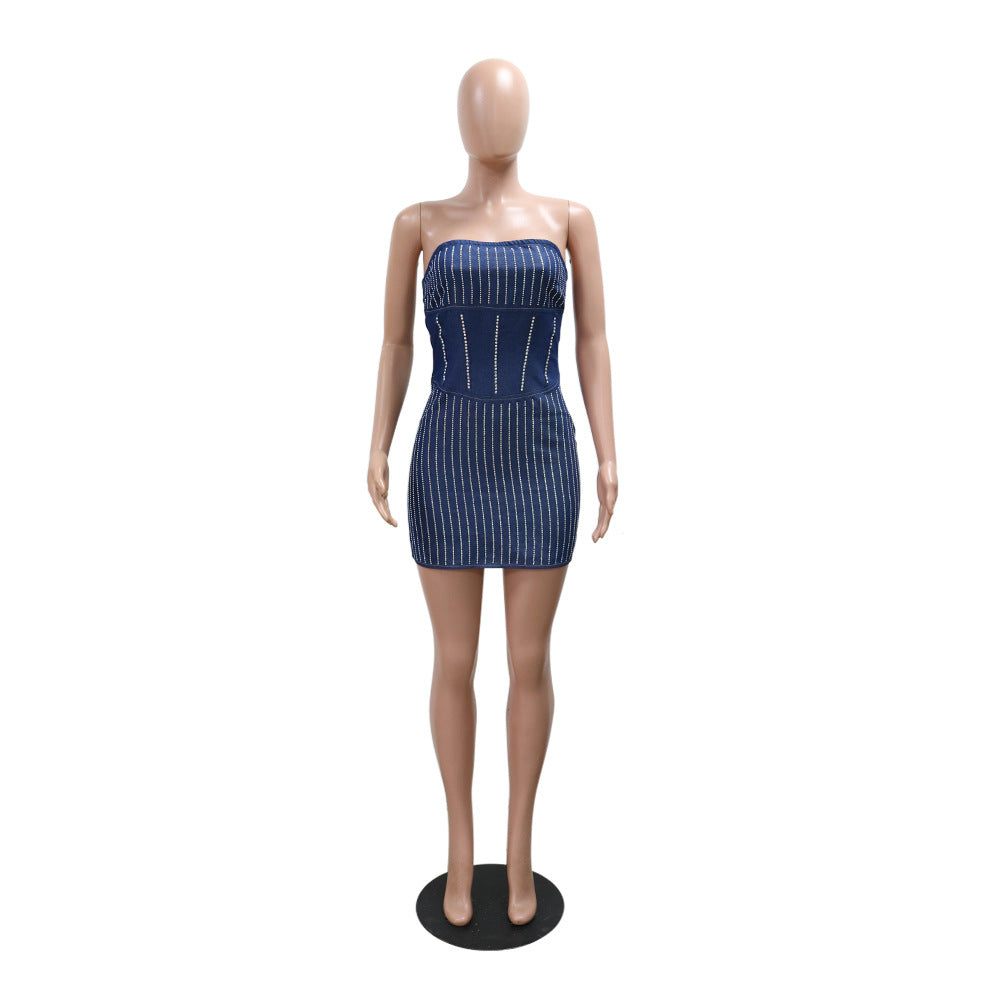 Strapless Beaded denim bodycon Dress 9