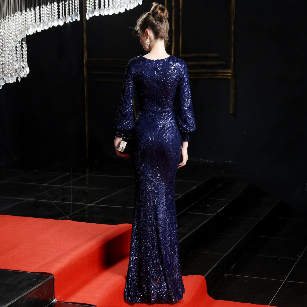 Sequins V-Neck Long Sleeves Slit Evening Dress 4