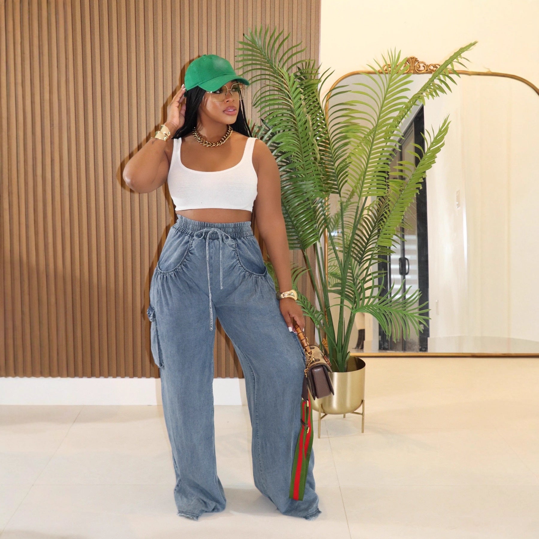 Casual Drawstring Denim Pants Women's  Wide-Leg Cargo Trousers 4