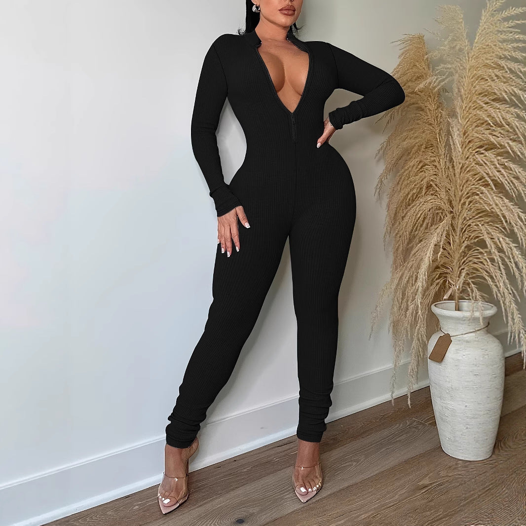 Plus Size Women Ribbed Solid Zipper Jumpsuit 6