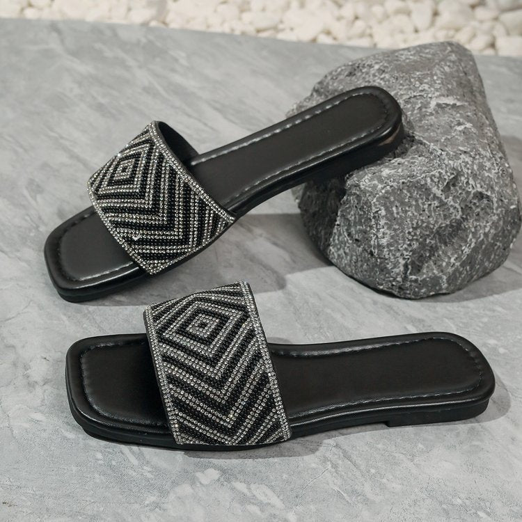 Rhinestone Flat-Bottom Women's Summer Slippers One-Line Design Fashionable & Suitable for Outdoor Wear 15