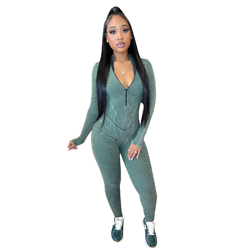 Women's Ribbed Printed Sexy V-Neck Tight Fitting Zipper Jumpsuit 10