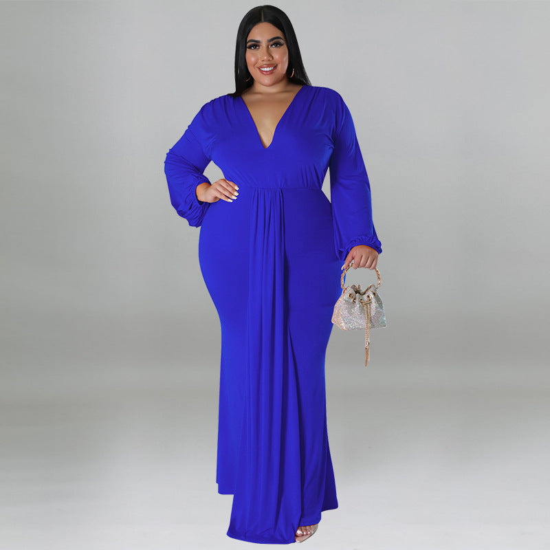 Plus Size Women's Solid Color Sexy Deep V Neck Long Sleeve Pleated Dress 7